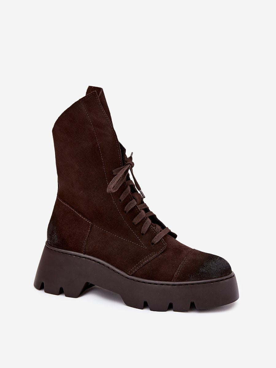 Worker-Bootie Modell 221515 Step in Style – Braune Damen-Stiefelette aus Naturvelours mit Plateau, Schnürung & Seitenreißverschluss