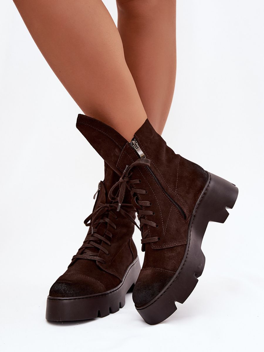 Worker-Bootie Modell 221515 Step in Style – Braune Damen-Stiefelette aus Naturvelours mit Plateau, Schnürung & Seitenreißverschluss