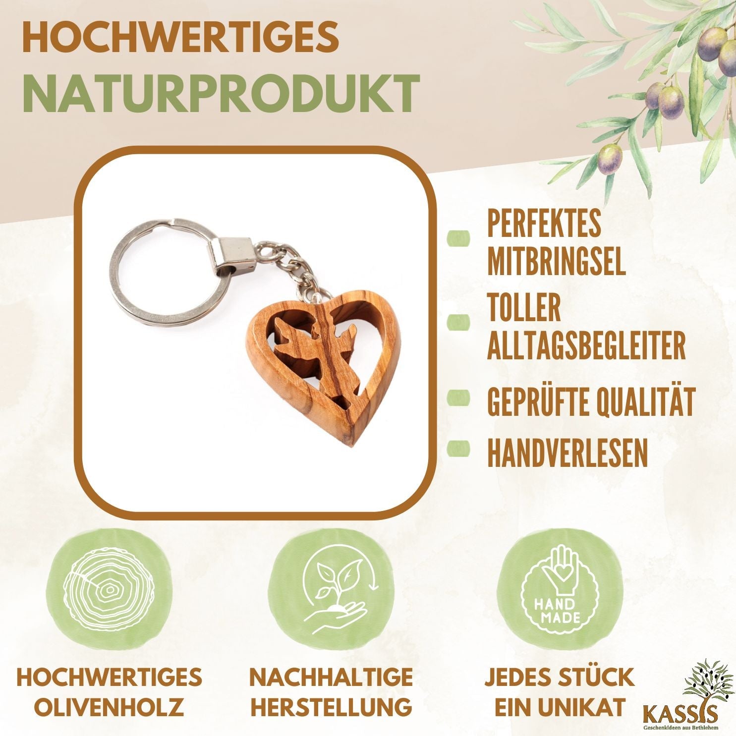 Schlüsselanhänger Schutzengel im Herz aus Olivenholz | Liebevoller Glücksbringer als Geschenk zur Taufe, Kommunion & Geburtstag