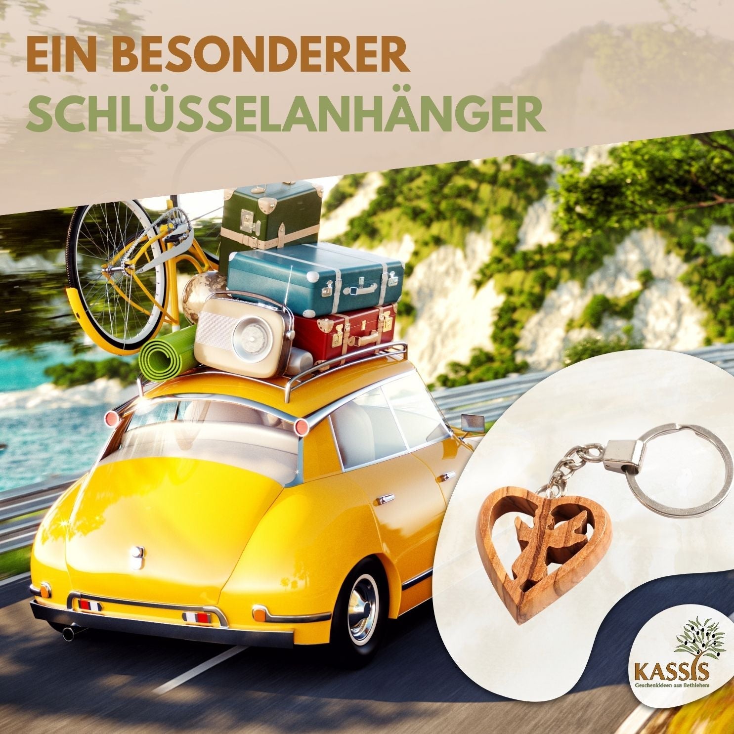 Schlüsselanhänger Schutzengel im Herz aus Olivenholz | Liebevoller Glücksbringer als Geschenk zur Taufe, Kommunion & Geburtstag