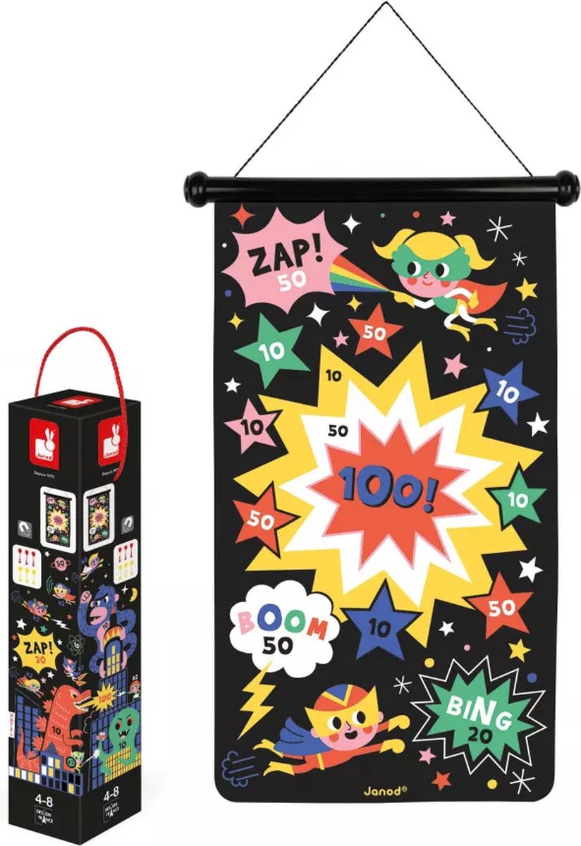 Janod Superhelden-Dartspiel | Doppelseitige Magnetscheibe | Kinder-Dartspiel