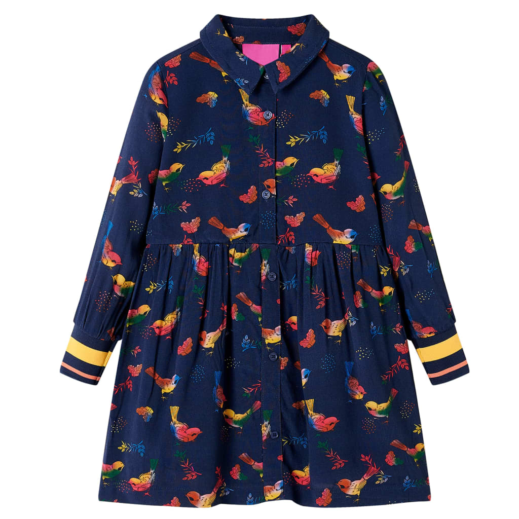 Vidaxl Kinder-Langarmkleid mit Vogelprint in Marineblau – Größe 128 | Mädchen 7–8 Jahre