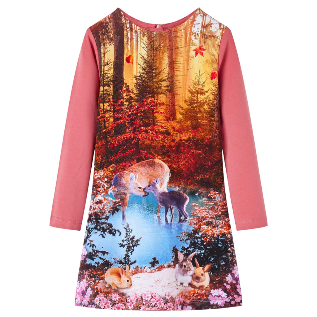 Vidaxl Mädchen Langarmkleid mit Hirsch-Print – Alt-Rosa Größe 116 (6 Jahre)