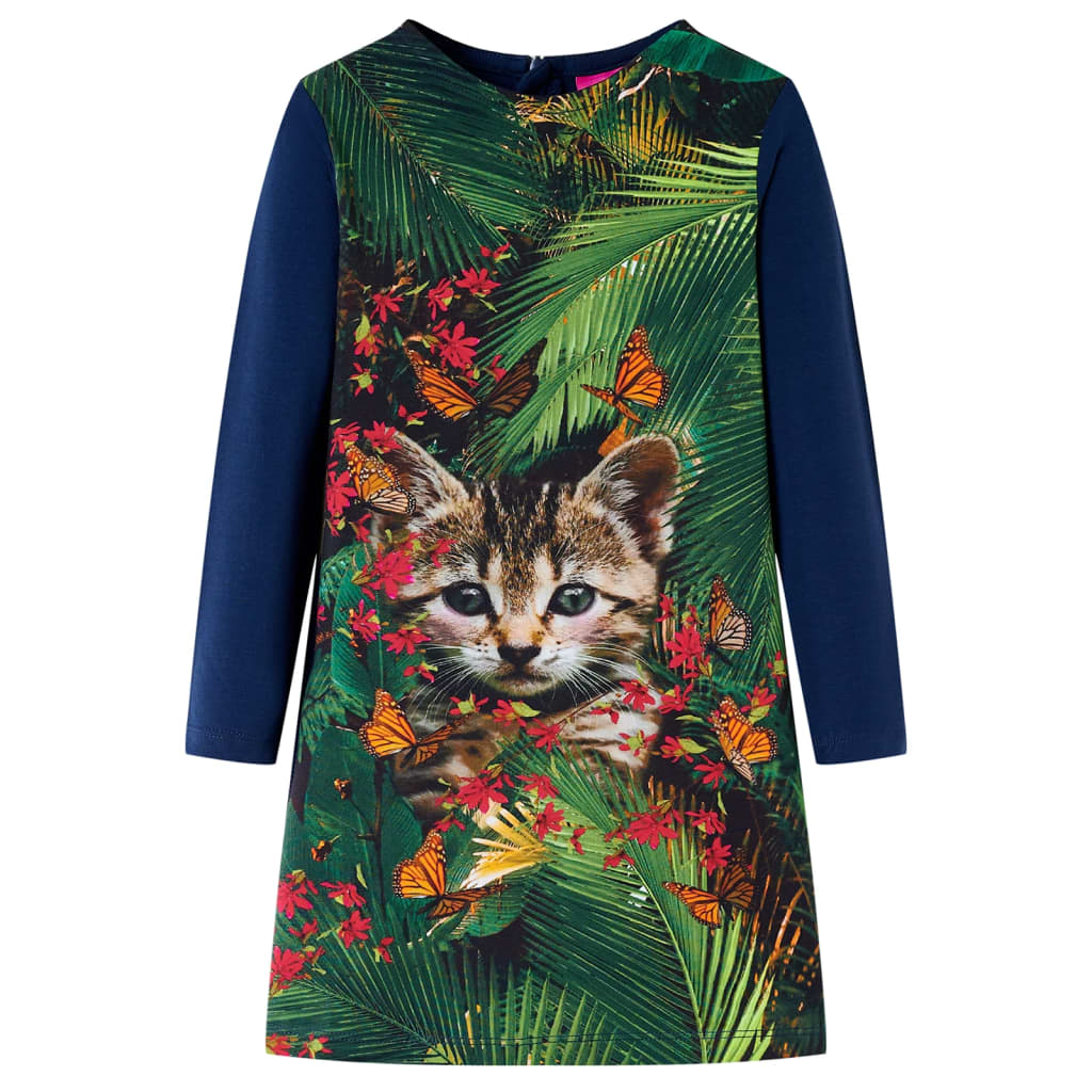 VidaXL Mädchen Langarmkleid mit Kätzchen-Print – Marineblau Größe 104 (4 Jahre)