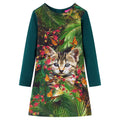 VidaXL Kinder-Langarmkleid mit Katzenprint in Dunkelgrün – Größe 116 | Mädchen 5–6 Jahre