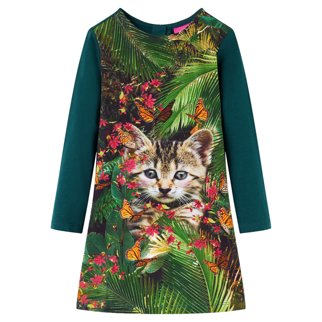 VidaXL Kinder-Langarmkleid mit Katzenprint in Dunkelgrün – Größe 116 | Mädchen 5–6 Jahre