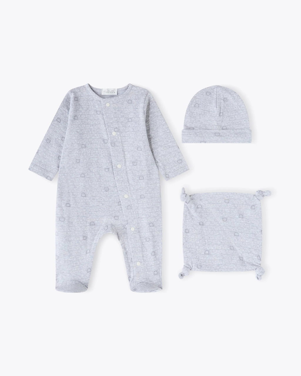 Baby Geschenkset 3-teilig Grau | NANAN – Strampler, Mütze & Schmusetier mit Bärchen