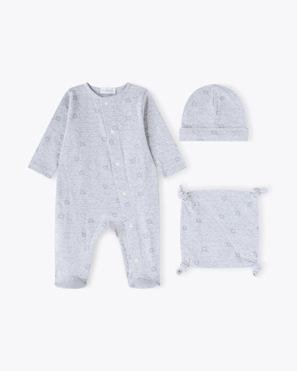 Baby Geschenkset 3-teilig Grau | NANAN – Strampler, Mütze &amp; Schmusetier mit Bärchen