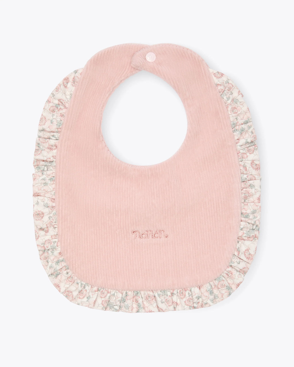 Baby Lätzchen Rosa Chenille mit Rüsche & Blümchen | NANAN – Weich & Verspielt