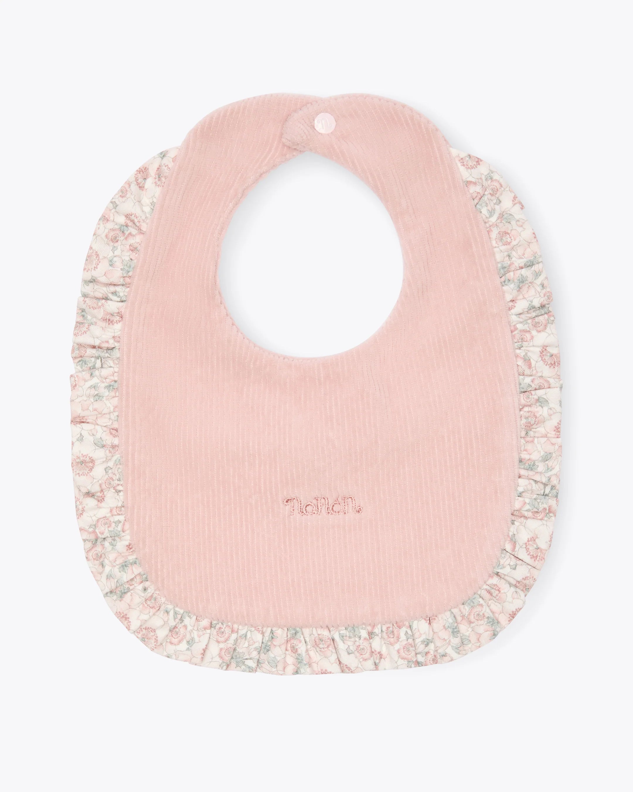 Baby Lätzchen Rosa Chenille mit Rüsche & Blümchen | NANAN – Weich & Verspielt