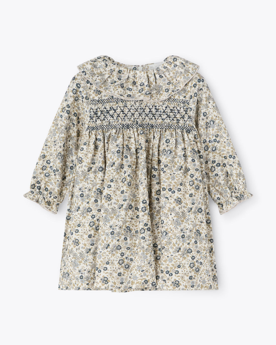 Abito fantasia fiorellini verde con ricamo punto smock