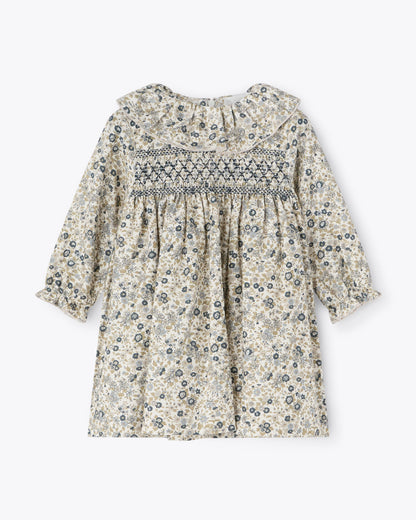 Abito fantasia fiorellini verde con ricamo punto smock