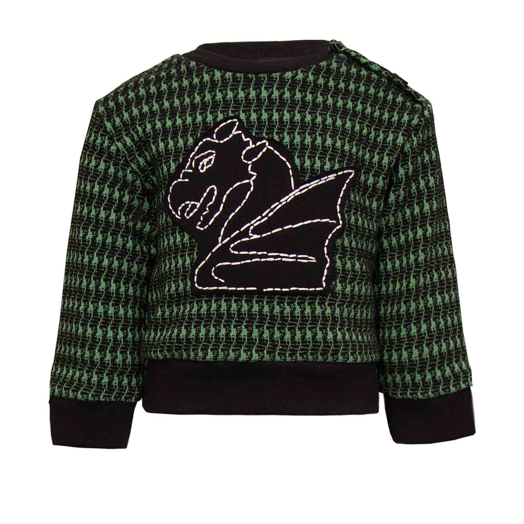 Schwarz-grüner Pied-de-Poule-Baby-Sweatshirt mit Drachen-Appliké