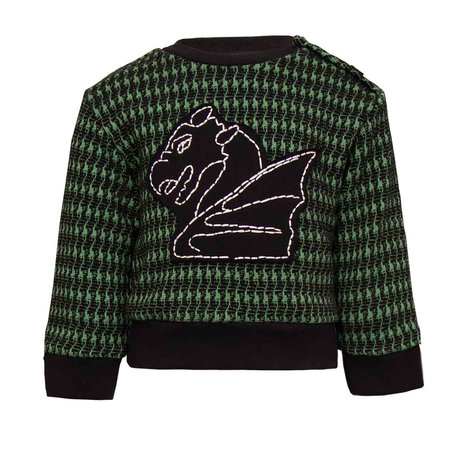 Schwarz-grüner Pied-de-Poule-Baby-Sweatshirt mit Drachen-Appliké