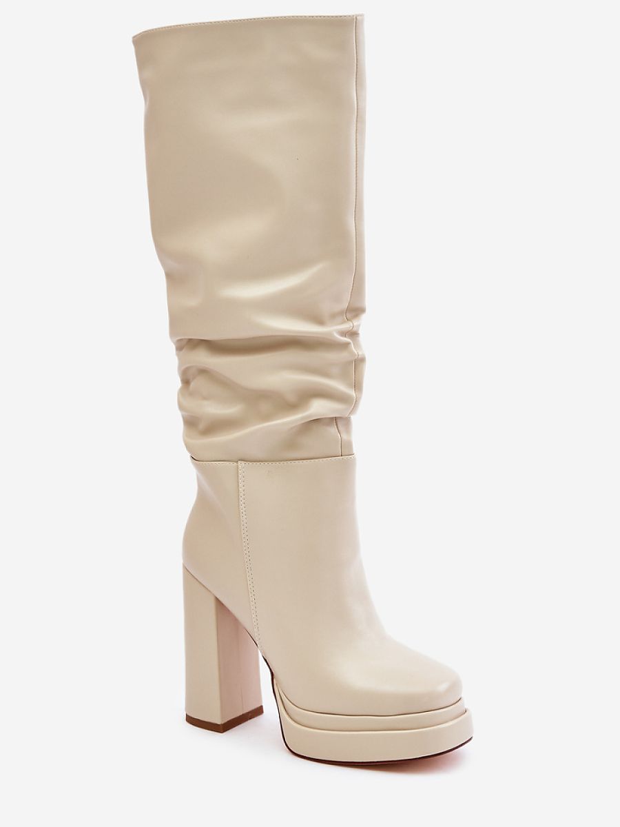 Absatzstiefel 202603 Step in Style – Beige Damen-Overknee-Stiefel aus Öko-Leder mit Pfostenabsatz &amp; Plateau