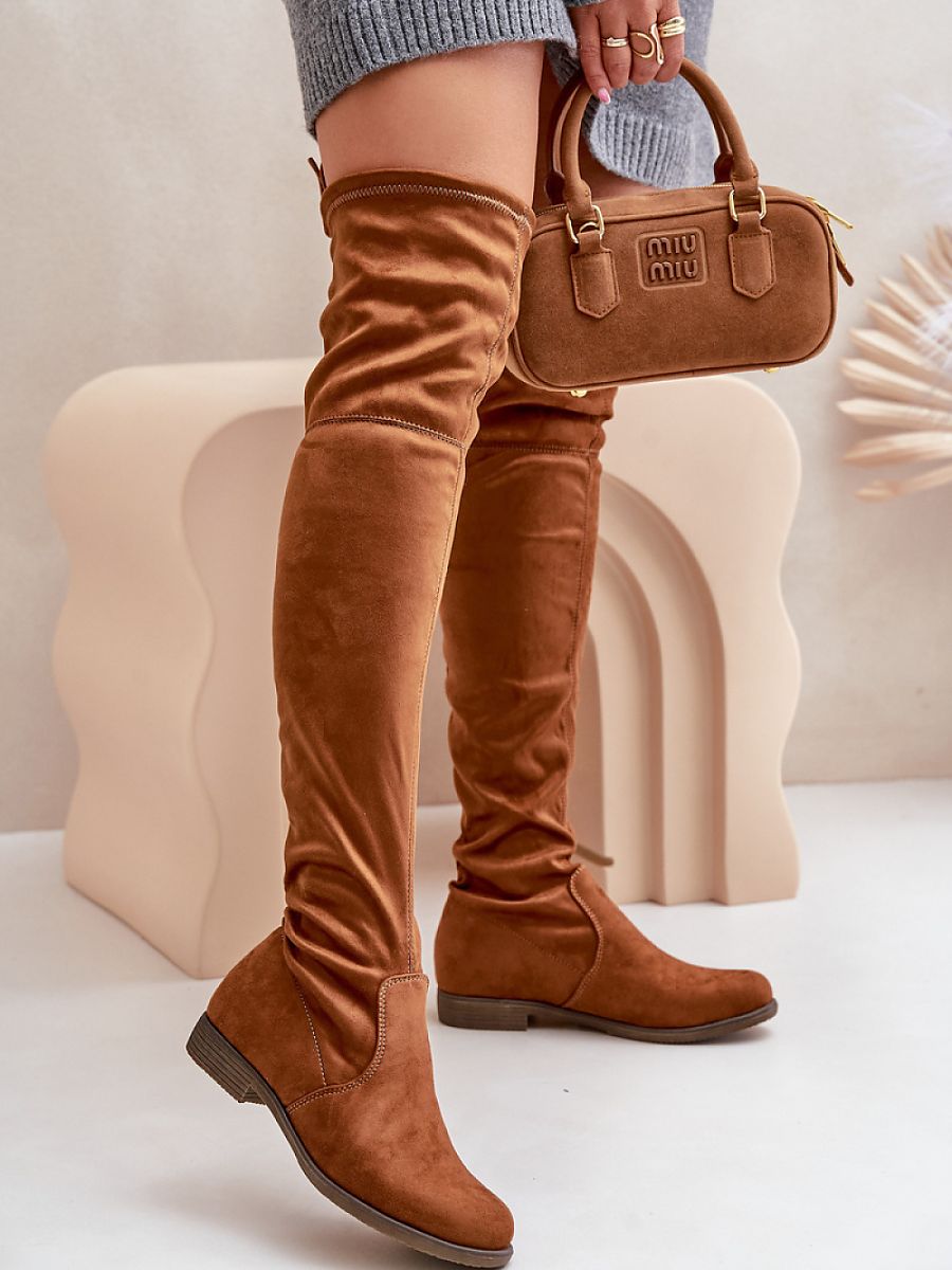 Oberschenkelhohe Stiefel Modell 203524 Step in Style – Braune Damen-Overknee-Stiefel aus Öko-Velours mit verstellbarem Schaft