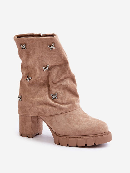 Absatzstiefel 203531 Step in Style – Beige Damen-Stiefel aus Öko-Velours mit Stilettoabsatz, Umschlagschaft &amp; Reißverschluss