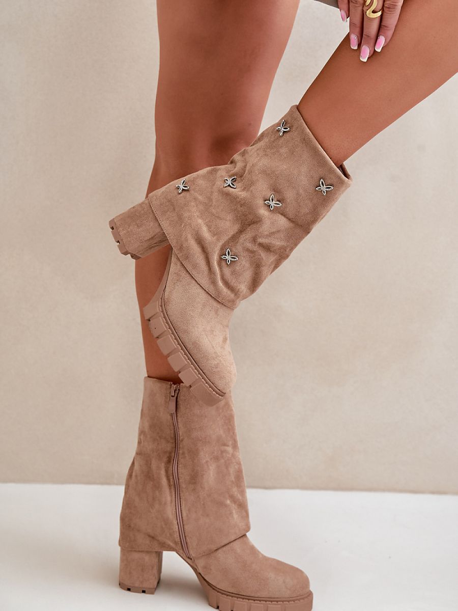 Absatzstiefel 203531 Step in Style – Beige Damen-Stiefel aus Öko-Velours mit Stilettoabsatz, Umschlagschaft &amp; Reißverschluss