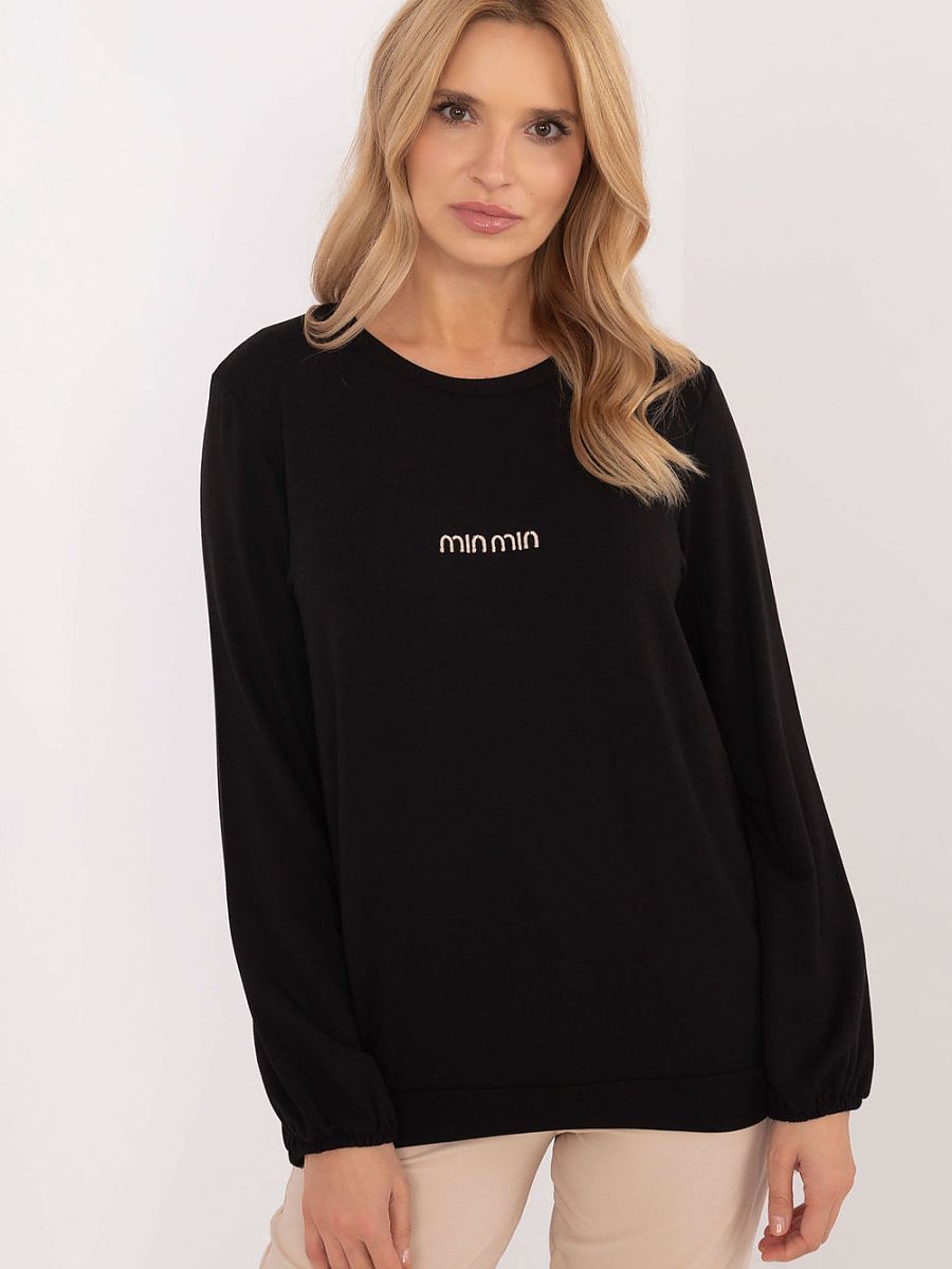 Relevance Damen-Bluse 208241 – Weiche Modal-Bluse mit Schriftzug in Schwarz | One Size