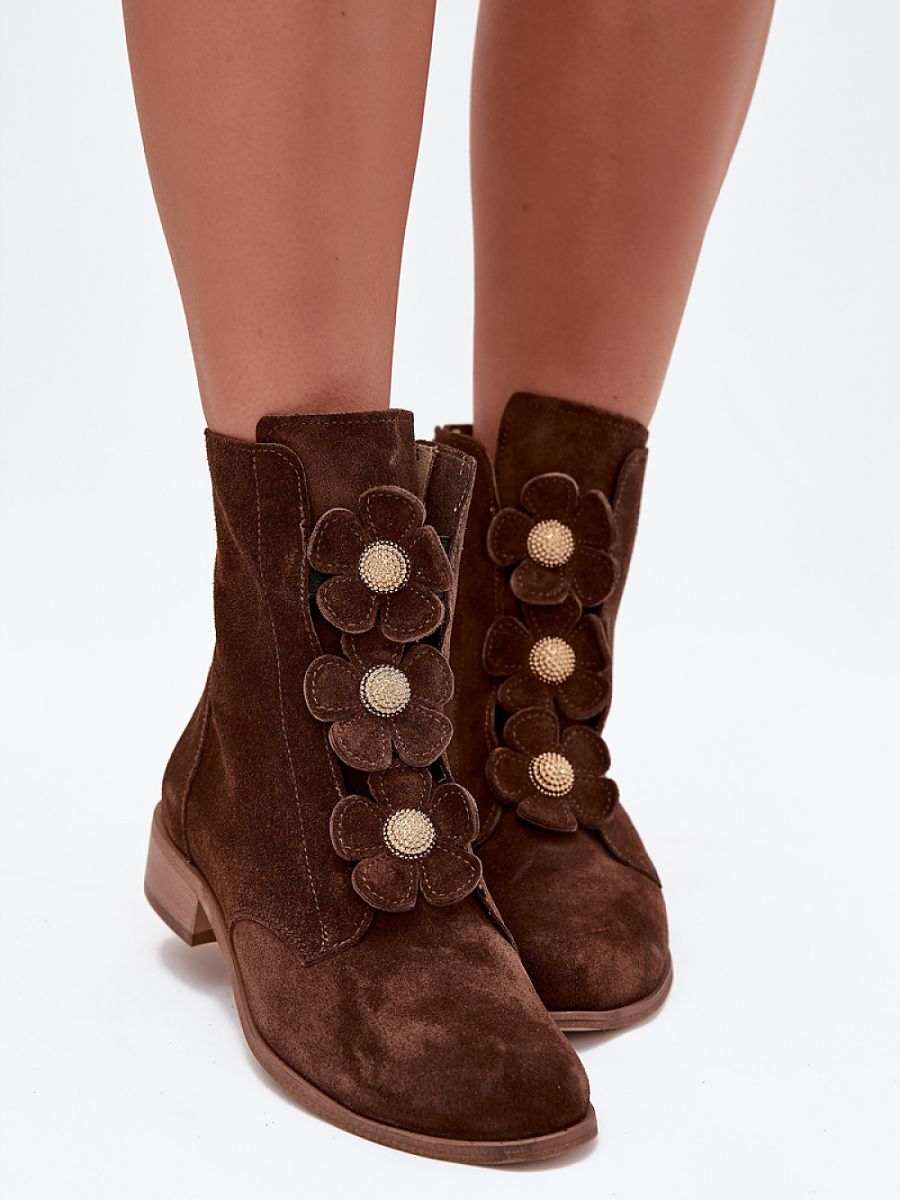 Stiefeletten Damen 216973 Step-in-Stil – Braun, Echtveloursleder mit Blumendetail