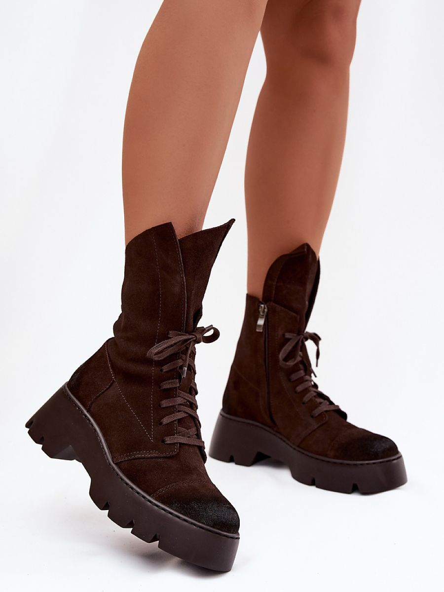 Worker-Bootie Modell 221515 Step in Style – Braune Damen-Stiefelette aus Naturvelours mit Plateau, Schnürung &amp; Seitenreißverschluss