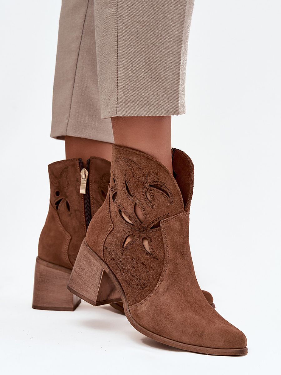 Absatzstiefel 222964 Step-in-Stil – Braune Damen-Ankle-Boots aus Naturvelours mit Spitze &amp; Säulenabsatz