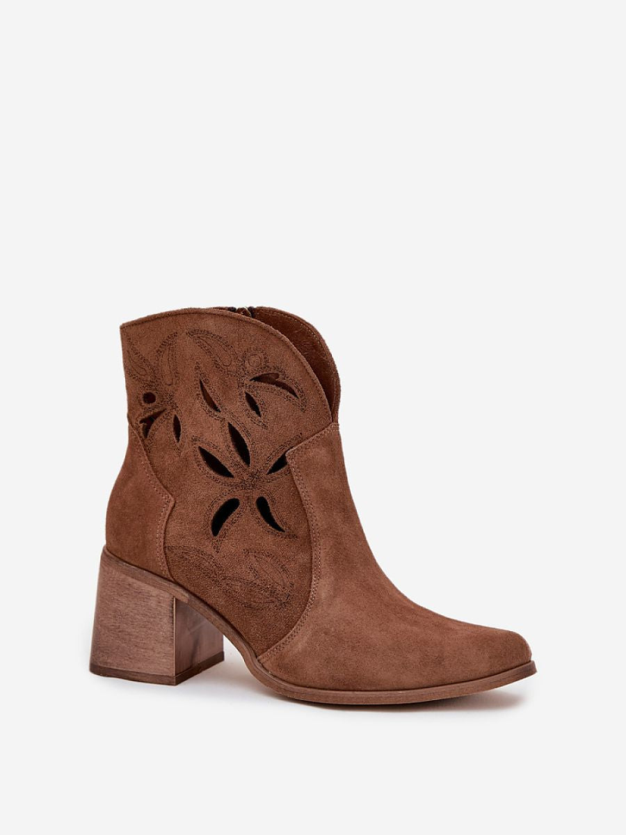 Absatzstiefel 222964 Step-in-Stil – Braune Damen-Ankle-Boots aus Naturvelours mit Spitze &amp; Säulenabsatz