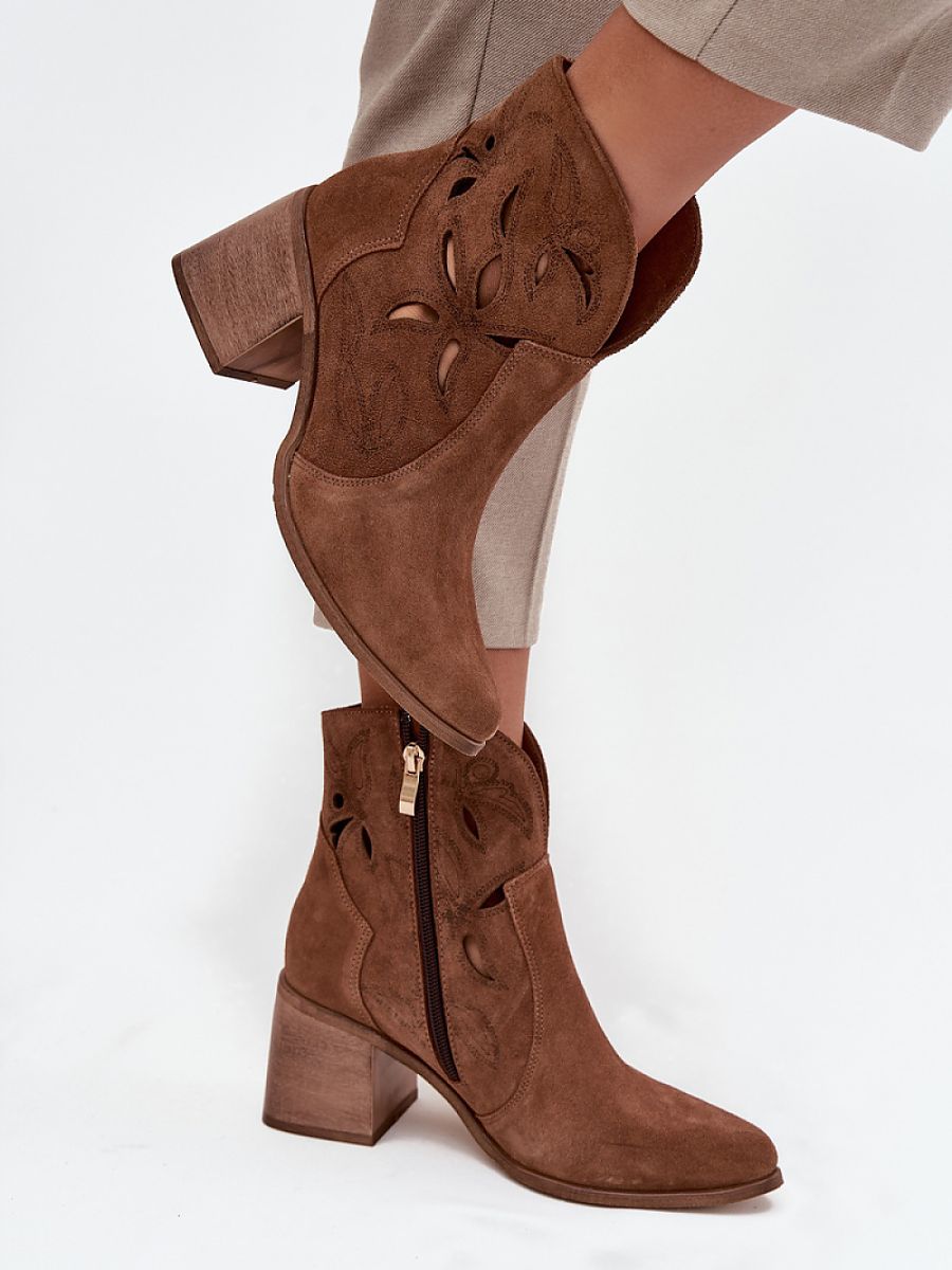 Absatzstiefel 222964 Step-in-Stil – Braune Damen-Ankle-Boots aus Naturvelours mit Spitze &amp; Säulenabsatz