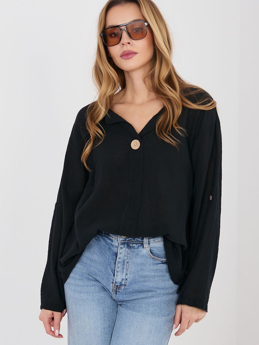 Italy Moda Damen-Bluse 225506 – Vielseitige Baumwoll-Bluse mit V-Ausschnitt in Schwarz | One Size