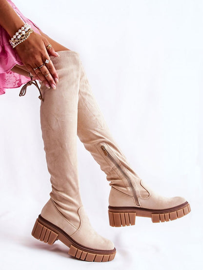 Thigh-High Boots Modell 173614 Step in Style – Beige Damen-Überkniestiefel aus Öko-Velours mit Plateau, Schnürung &amp; Seitenreißverschluss