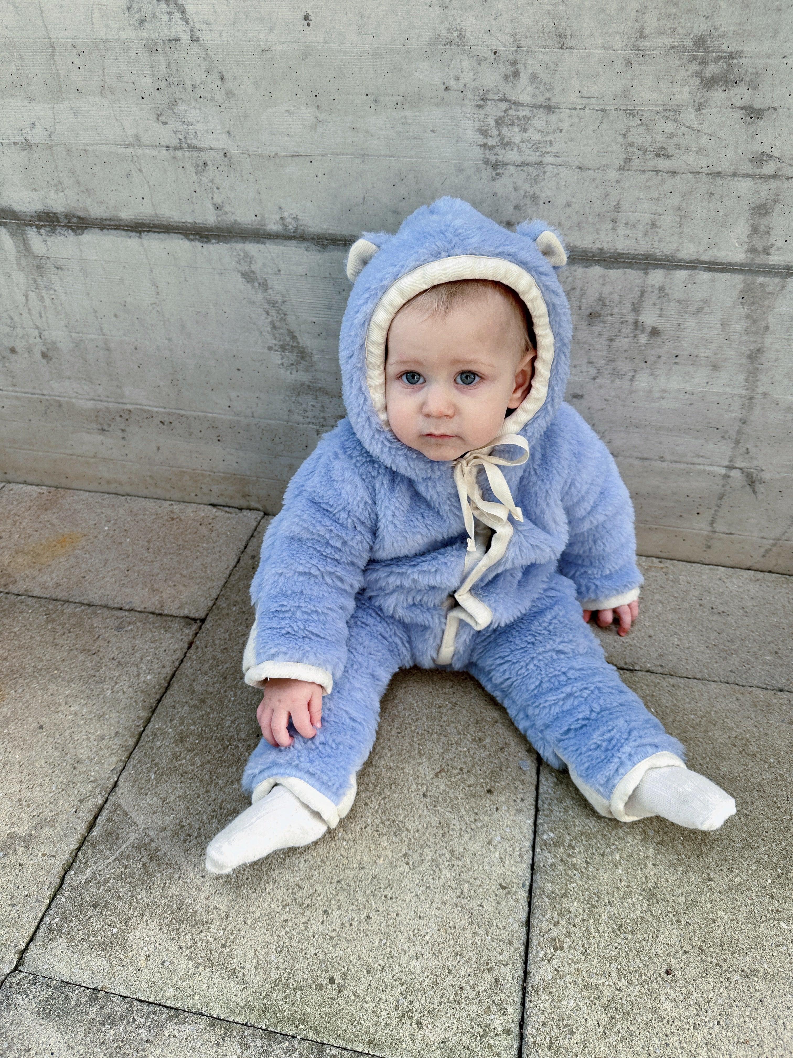 Baby-Overall aus Schurwolle – Blau | Bärenohren | Gr. Preemie–18M