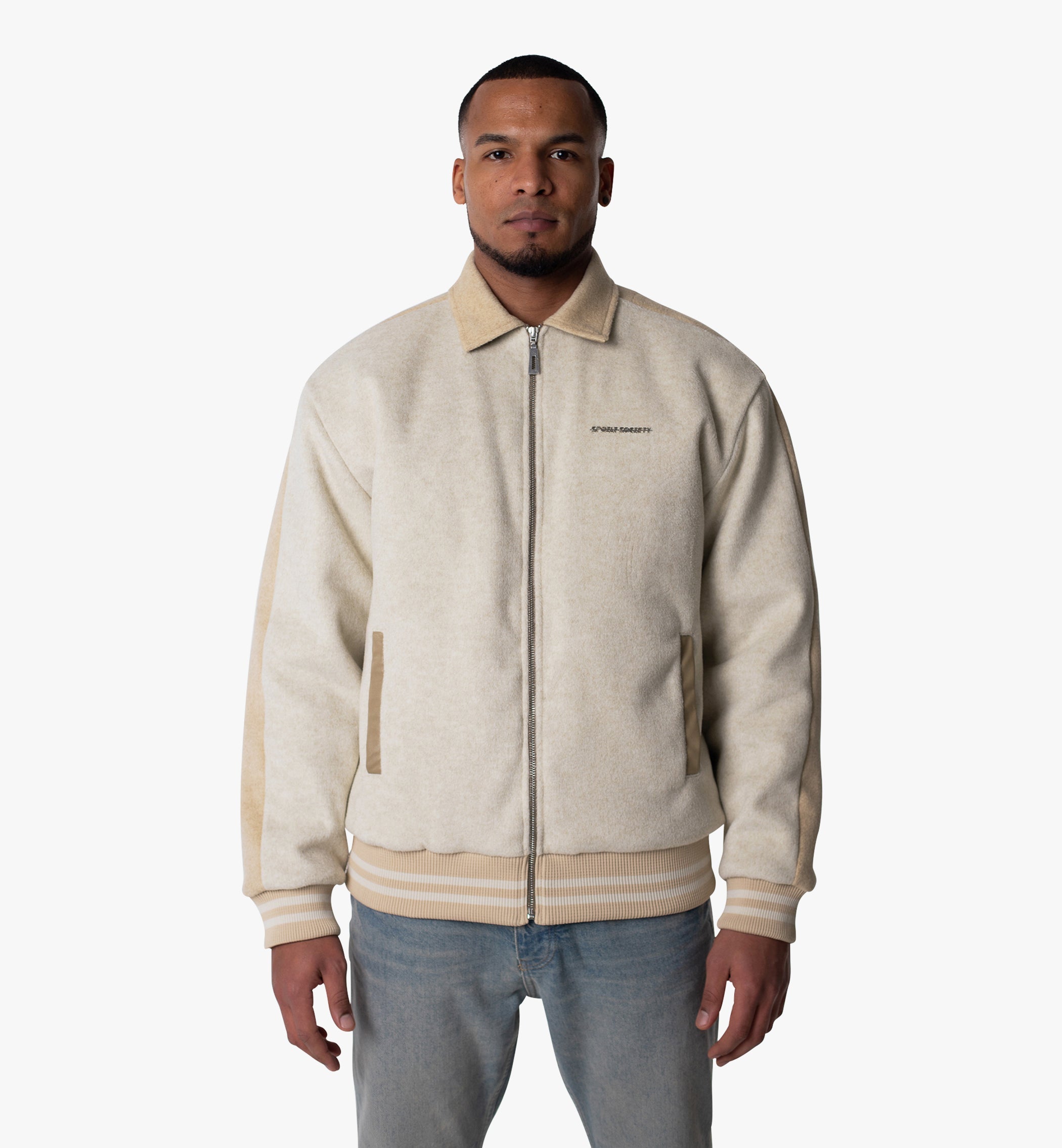 Jacke "Nox" von Spoilt Society – Two-Tone Beige mit veganen Lederdetails