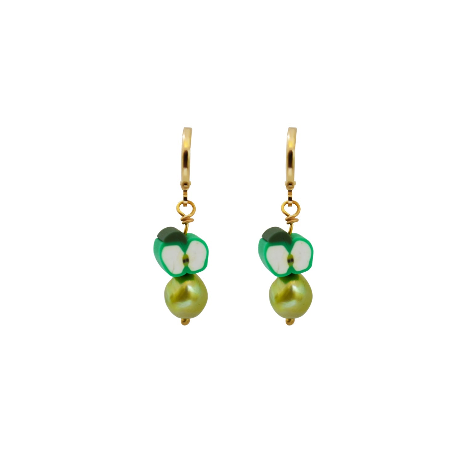 Grüner Apfel & Perlen Ohrringe – Fimo-Frucht & Süßwasserperlen | Ifemi Jewels