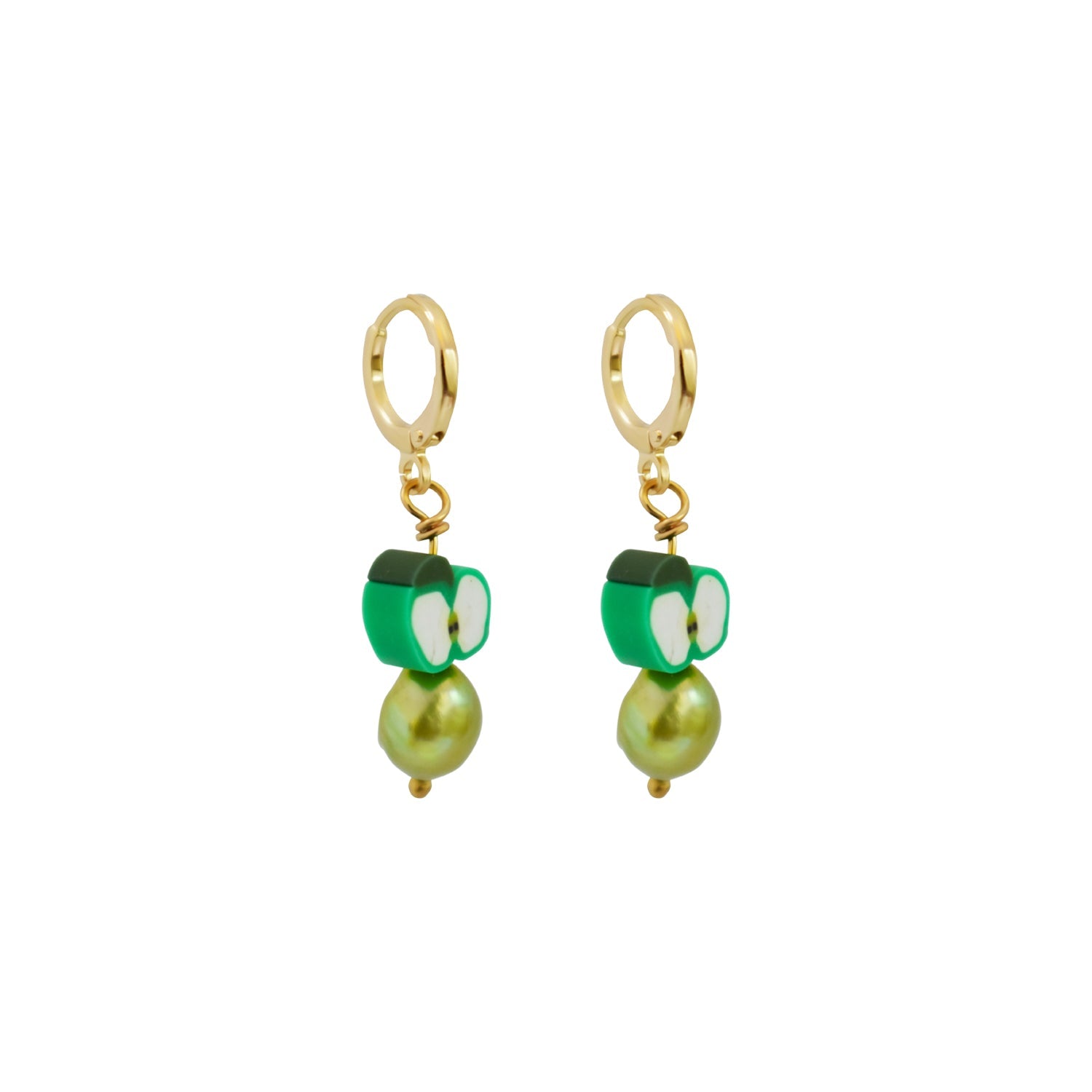 Grüner Apfel & Perlen Ohrringe – Fimo-Frucht & Süßwasserperlen | Ifemi Jewels