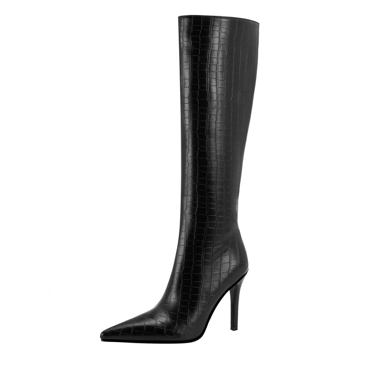 Elegante schwarze Leder-Kniestiefel mit Spitze