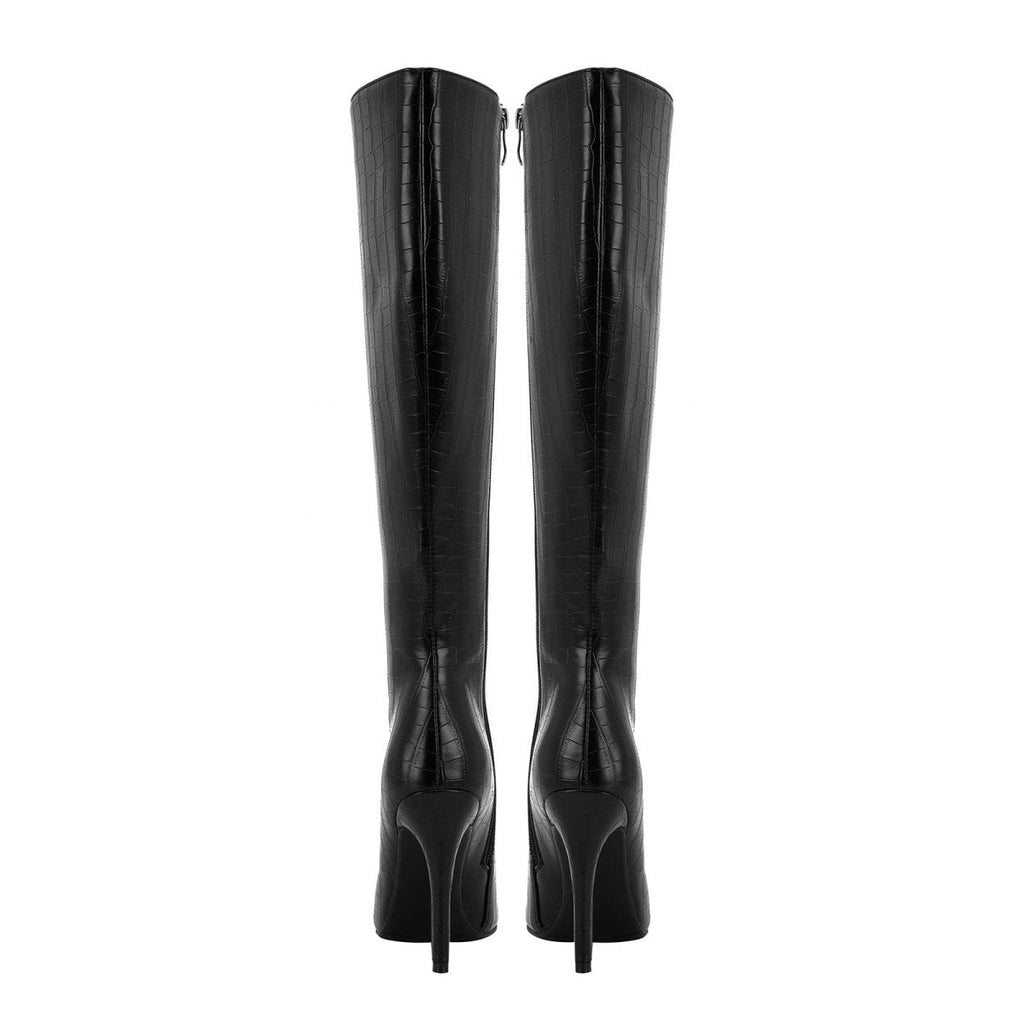 Elegante schwarze Leder-Kniestiefel mit Spitze