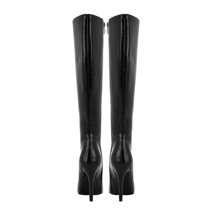 Elegante schwarze Leder-Kniestiefel mit Spitze