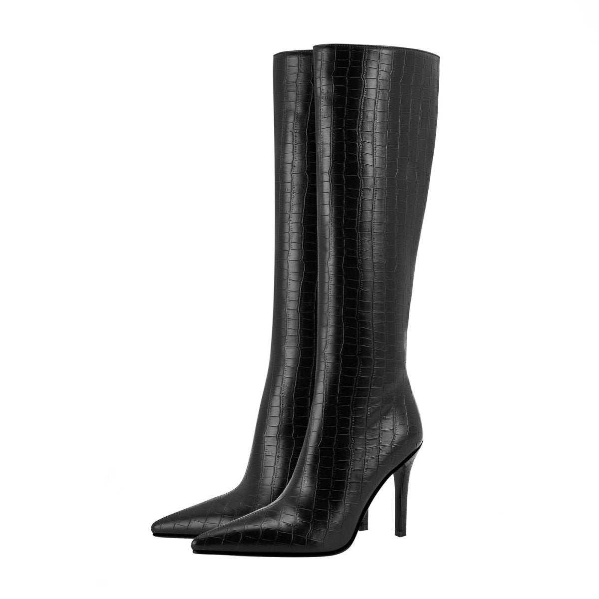 Elegante schwarze Leder-Kniestiefel mit Spitze